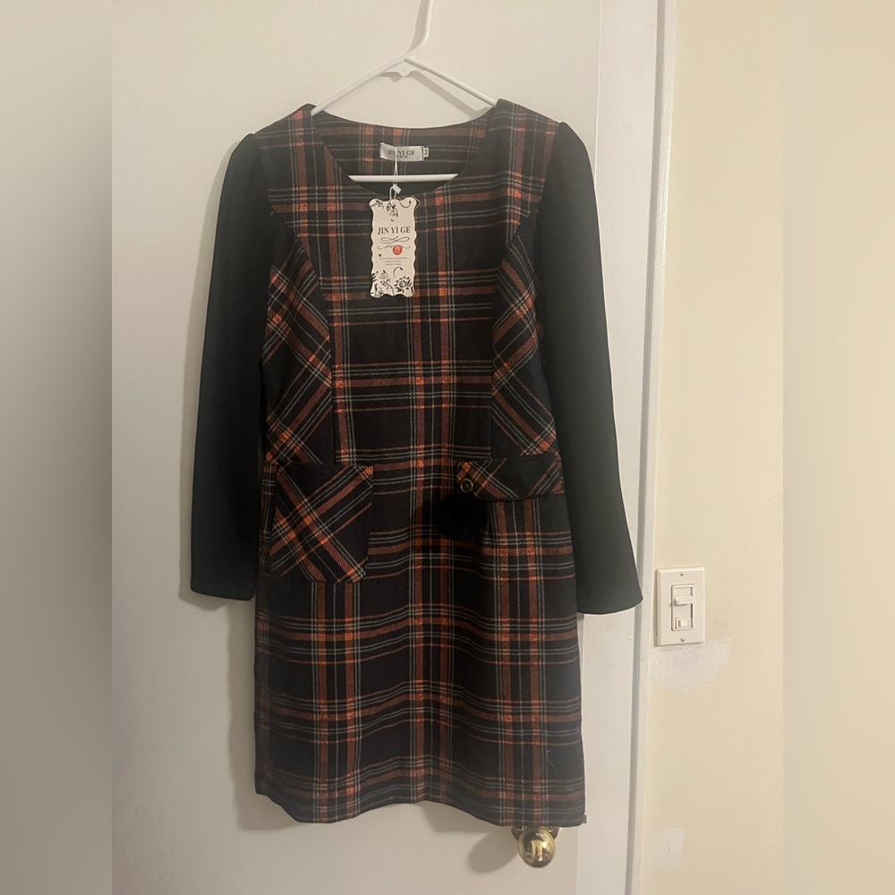Jin Yige Plaid Dress with Black Sleeves
